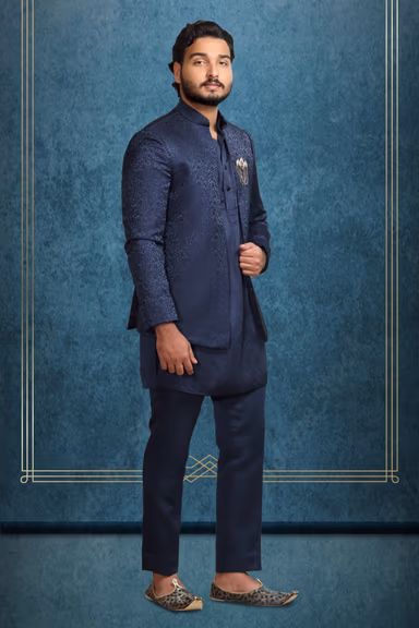 Blue Jaquard Fabric Heavy Jodhpuri With Matte Black Inner Kurtha And Matching Pants — view 2 of 3