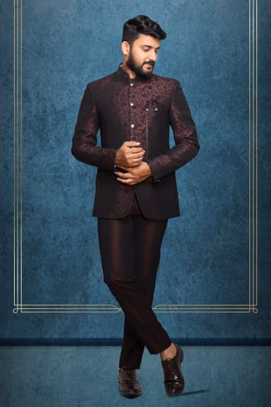Brown and Black Exquisite Minimalist Jaquard Printed Classic Jodhpuri — view 1 of 5