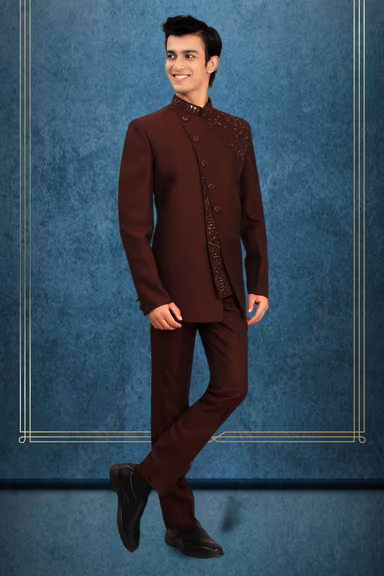Dark Maroon Party Jodhpuri With Handworked Details On Shoulder — view 2 of 3