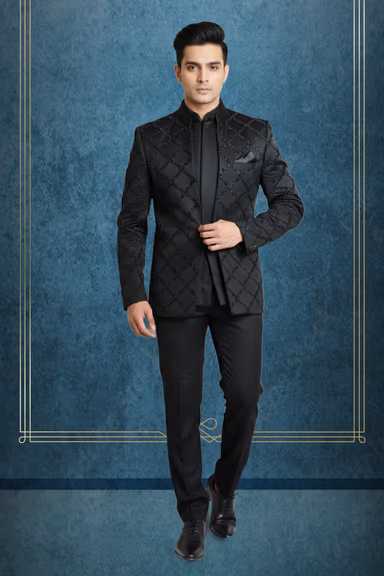 Black Elegant Grooms Jodhpuri With Cross Threadwork Details — view 1 of 2