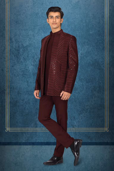 Maroon Jacket Jodhpuri With Threadwork Details — view 2 of 3