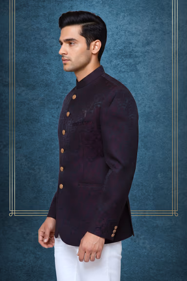 Men Deep Wine Textured Bandhgala Sherwani Jacket with Antique Gold Buttons — view 3 of 4