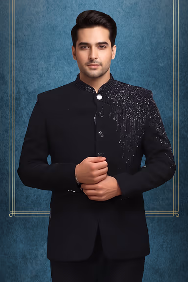 Men’s Black Bandhgala Suit with Sequined Shoulder Embellishment — view 2 of 3