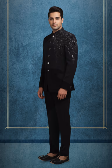 Men’s Black Bandhgala Suit with Sequined Shoulder Embellishment — view 3 of 3