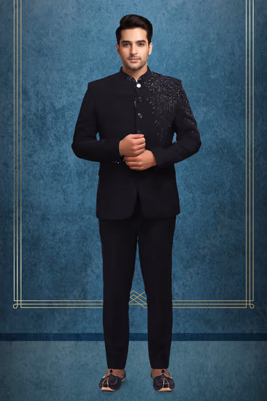 Men’s Black Bandhgala Suit with Sequined Shoulder Embellishment — view 1 of 3