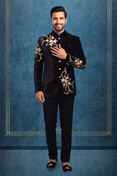 Men’s Black Velvet Bandhgala Suit with Golden Floral Embroidery — view 1 of 3