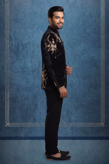 Men’s Black Velvet Bandhgala Suit with Golden Floral Embroidery — view 3 of 3