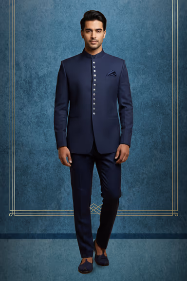 Elegant Navy Blue Jodhpuri With Self Print Texture details Along With Golden Front Buttons — view 1 of 2