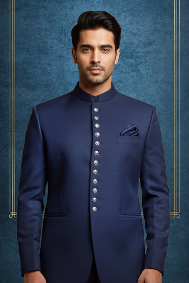 Elegant Navy Blue Jodhpuri With Self Print Texture details Along With Golden Front Buttons — view 2 of 2