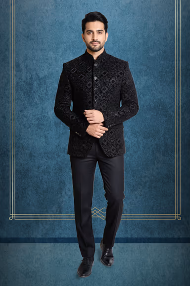 A Black and silver Bandhgala Jacket with intricate, heavily embroidered brocade patterns, featuring a… — view 1 of 2