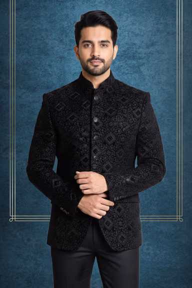 A Black and silver Bandhgala Jacket with intricate, heavily embroidered brocade patterns, featuring a… — view 2 of 2
