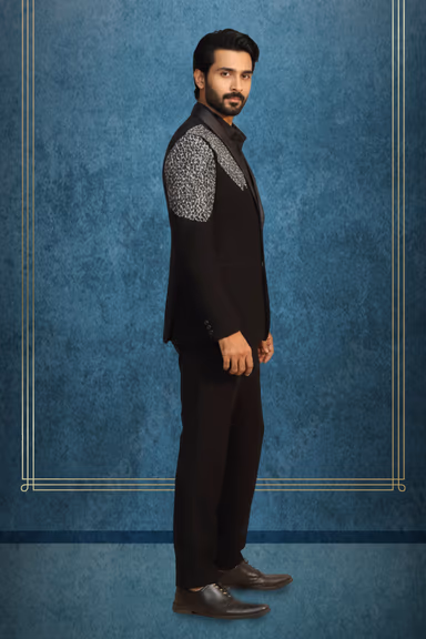Black Grooms Tuxedo With Golden Handworked Details On Collar And Right Shoulder — view 2 of 2