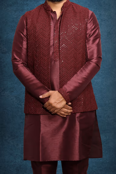 Brownish Maroon Chikankari Kutha Pyjama with Detailed Sleeveless Jacket — view 1 of 5