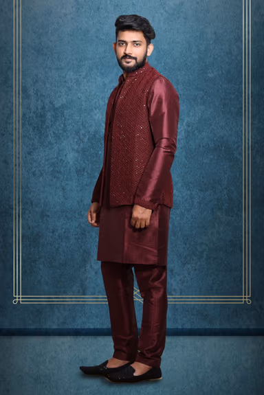 Brownish Maroon Chikankari Kutha Pyjama with Detailed Sleeveless Jacket — view 3 of 5