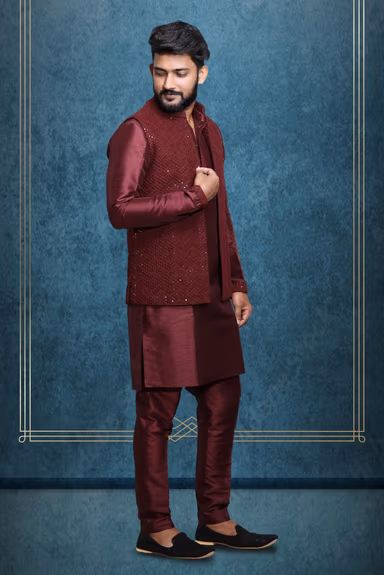 Brownish Maroon Chikankari Kutha Pyjama with Detailed Sleeveless Jacket — view 4 of 5