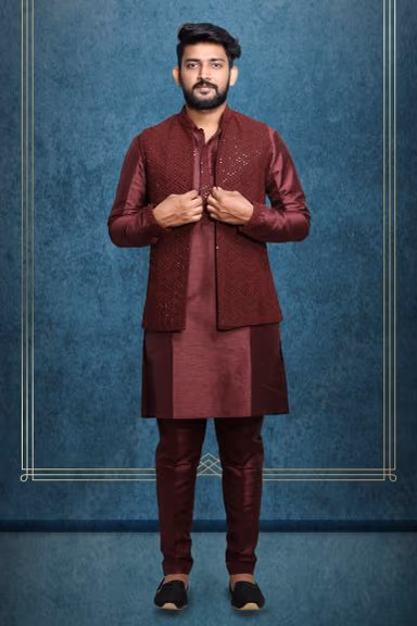 Brownish Maroon Chikankari Kutha Pyjama with Detailed Sleeveless Jacket — view 5 of 5