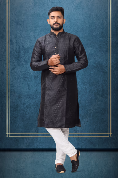 Black Colour Ethnic Kurtha In Golden Threadwork Textured Dupion Silk Fabric And White Bottom — view 1 of 4