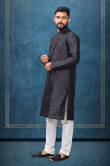 Black Colour Ethnic Kurtha In Golden Threadwork Textured Dupion Silk Fabric And White Bottom — view 2 of 4