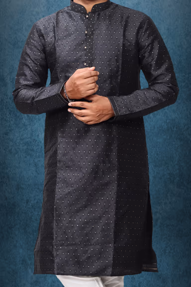 Black Colour Ethnic Kurtha In Golden Threadwork Textured Dupion Silk Fabric And White Bottom — view 3 of 4