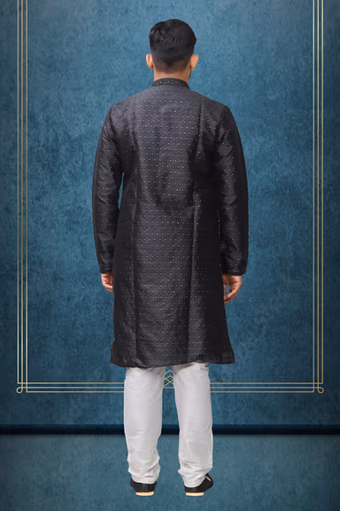 Black Colour Ethnic Kurtha In Golden Threadwork Textured Dupion Silk Fabric And White Bottom — view 4 of 4