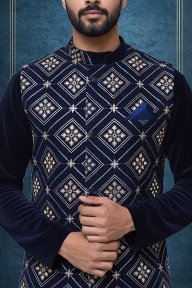 Kurta jacket set in velevet with a sequenced work — view 3 of 5