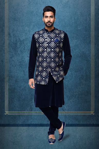 Kurta jacket set in velevet with a sequenced work — view 1 of 5