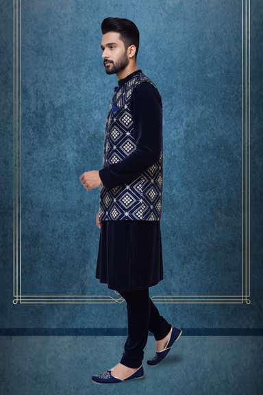 Kurta jacket set in velevet with a sequenced work — view 4 of 5