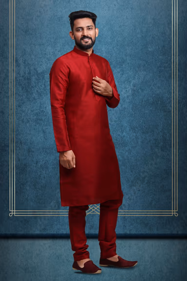 Maroon Kurta Pyjama in Blended Fabric — view 2 of 6