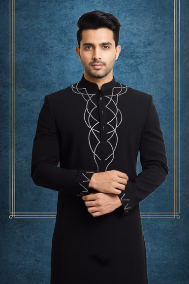 Black Polycotton Kurtha With Threadwork Details Around Front Placket — view 2 of 2
