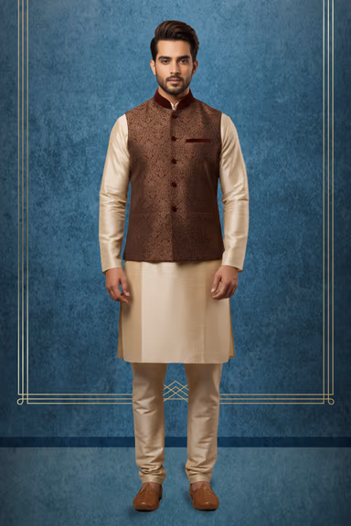 White Polycotton Kutha Pyjama with Detailed Sleeveless Brown Jacket — view 1 of 2