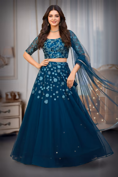 Dark teal blue lehenga with embroidered floral work with golden and blue thread work details — view 2 of 2