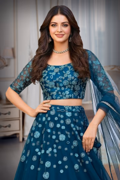 Dark teal blue lehenga with embroidered floral work with golden and blue thread work details — view 1 of 2