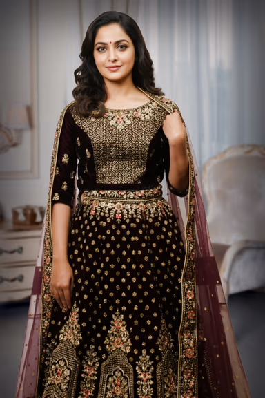 Dark Wine Heavy Embellished Bridal Lehenga With Golden Stone Details On Skirt , Crop Top And Dupatta — view 1 of 3