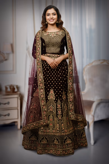 Dark Wine Heavy Embellished Bridal Lehenga With Golden Stone Details On Skirt , Crop Top And Dupatta — view 2 of 3