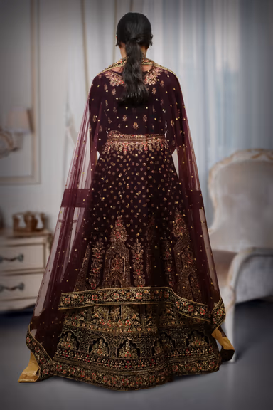 Dark Wine Heavy Embellished Bridal Lehenga With Golden Stone Details On Skirt , Crop Top And Dupatta — view 3 of 3