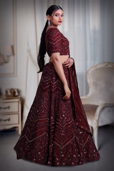 Wine zarkan & beads work lehenga — view 4 of 5