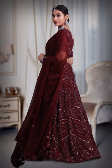 Wine zarkan & beads work lehenga — view 3 of 5