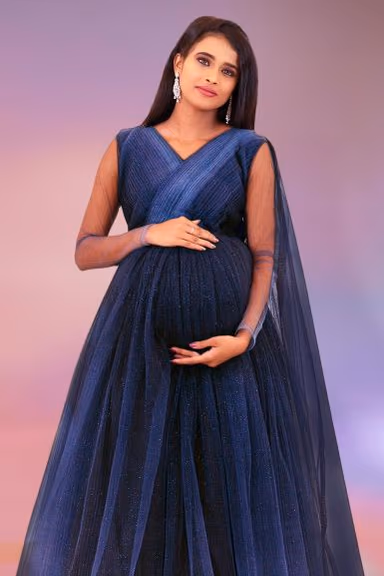 Double shade blue colour gathered gown — view 1 of 6