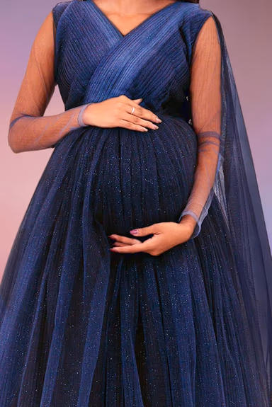 Double shade blue colour gathered gown — view 5 of 6