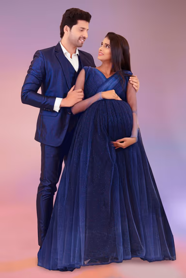 Double shade blue colour gathered gown — view 6 of 6