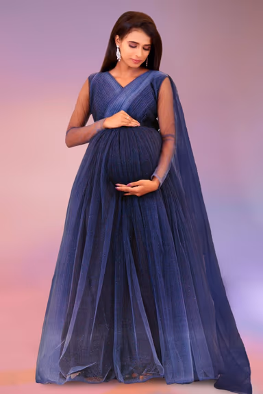 Double shade blue colour gathered gown — view 4 of 6