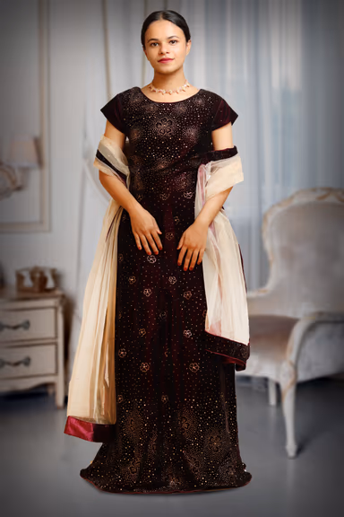 Dark Maroon Wedding Gown With Thread And Dots Embroidery All Over The Gown — view 2 of 3