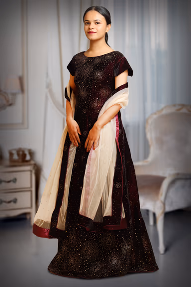 Dark Maroon Wedding Gown With Thread And Dots Embroidery All Over The Gown — view 3 of 3