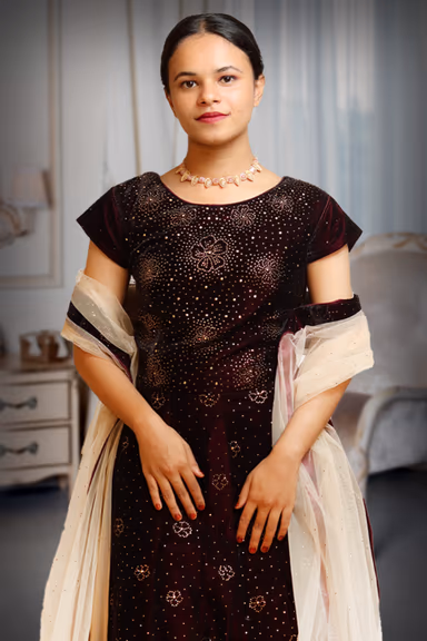 Dark Maroon Wedding Gown With Thread And Dots Embroidery All Over The Gown — view 1 of 3