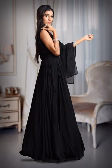 Black Colour Gerorgette Gown With Heavy Work And Single Sleeve In Fall Drape With Stone Work Detailing — view 4 of 5