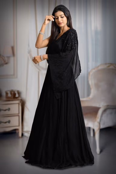 Black Colour Gerorgette Gown With Heavy Work And Single Sleeve In Fall Drape With Stone Work Detailing — view 3 of 5