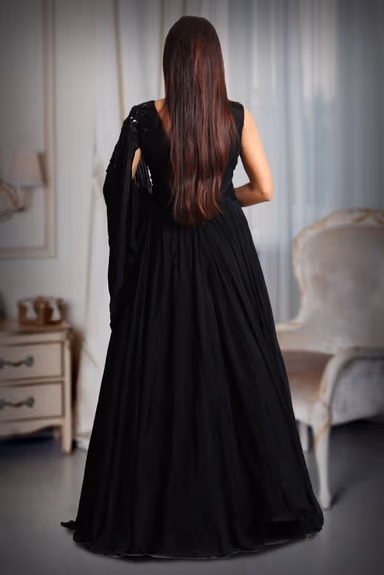 Black Colour Gerorgette Gown With Heavy Work And Single Sleeve In Fall Drape With Stone Work Detailing — view 5 of 5