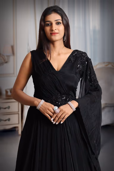 Black Colour Gerorgette Gown With Heavy Work And Single Sleeve In Fall Drape With Stone Work Detailing — view 1 of 5