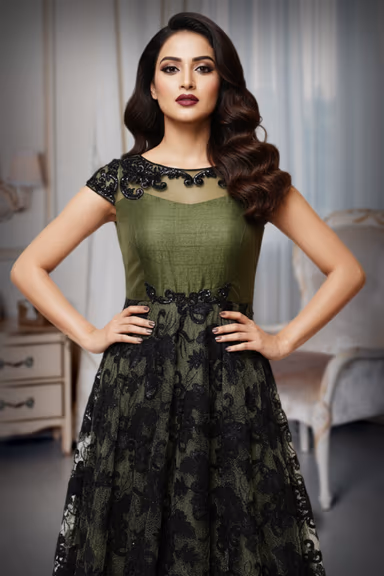 Combination of black and grass green gown — view 1 of 3