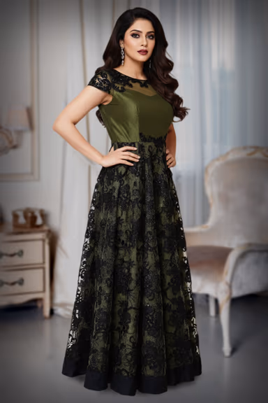 Combination of black and grass green gown — view 2 of 3